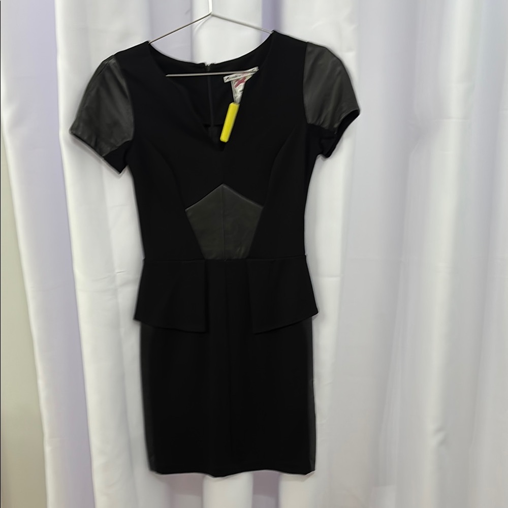 Yoana Baraschi Black Peplum V-Neck Cocktail Dress with lamb leather features